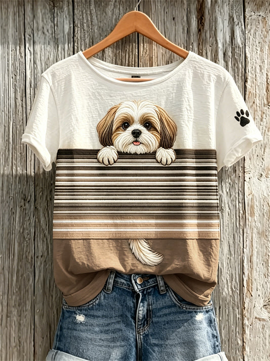 Do mulheres espreitando Shih Tzu cão & pata impressão Colorblock impressão camiseta de manga curta