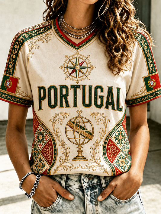 Camiseta feminina de mangas curtas estampada, Portugal