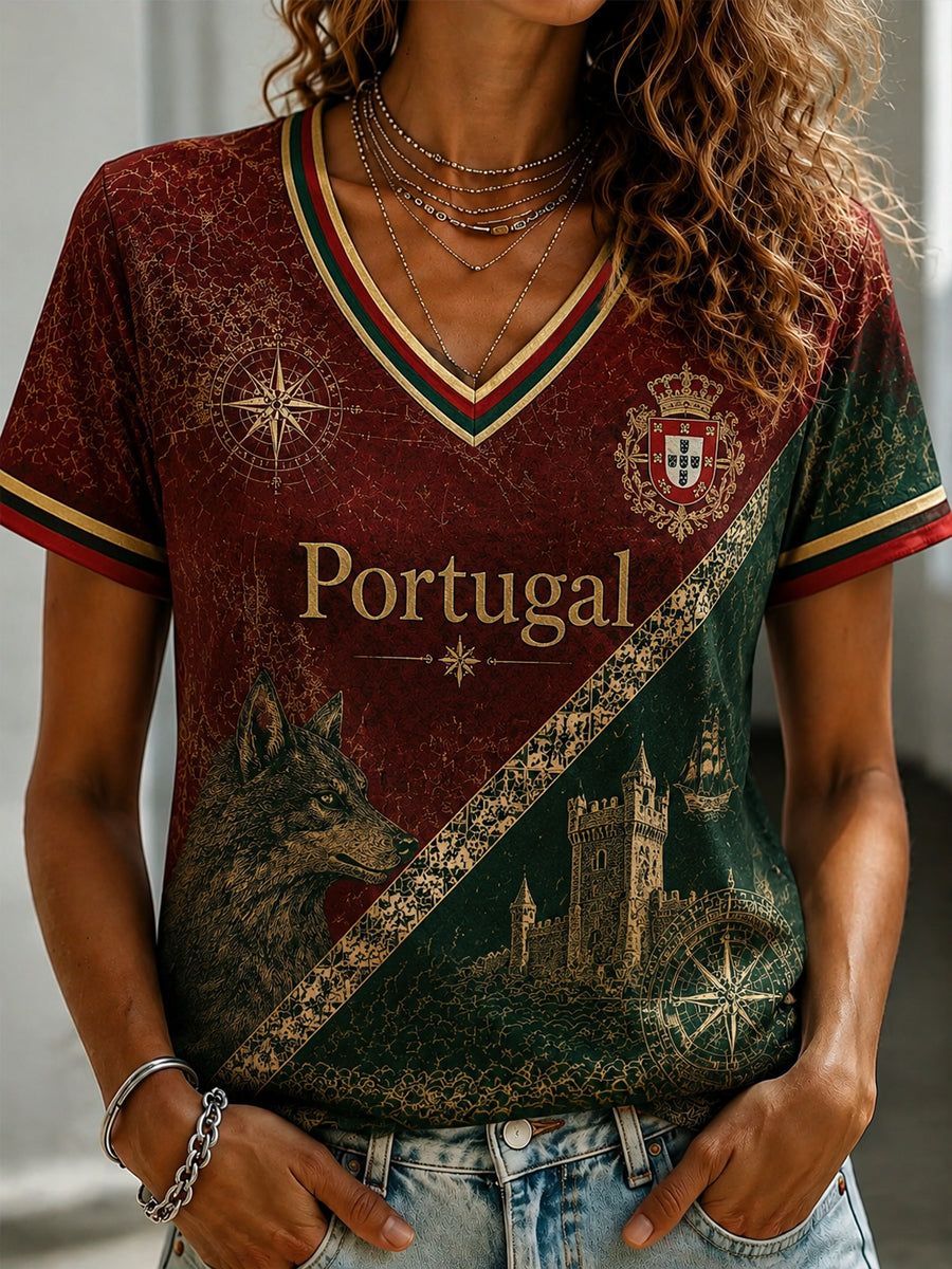 Camiseta feminina em português com estampa e gola em V