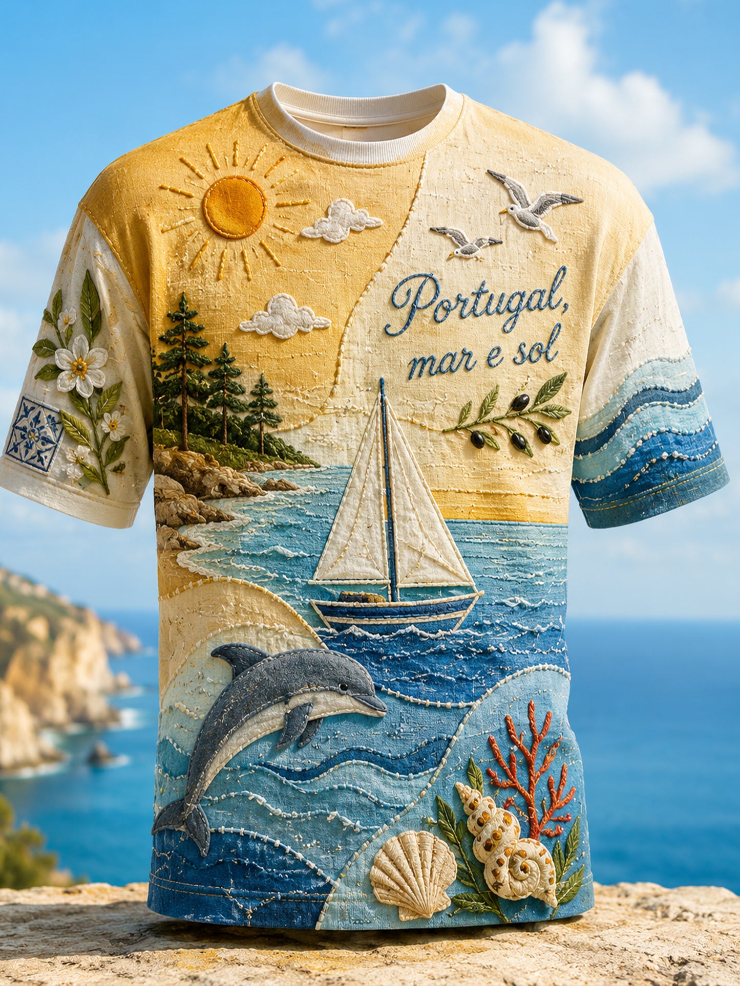 Camiseta com estampa artística temática sobre a cultura das festas portuguesas para homens