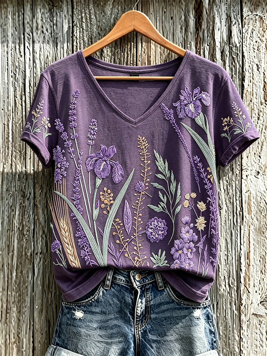 Padrão de flor roxa planta feminina impresso t-shirt casual