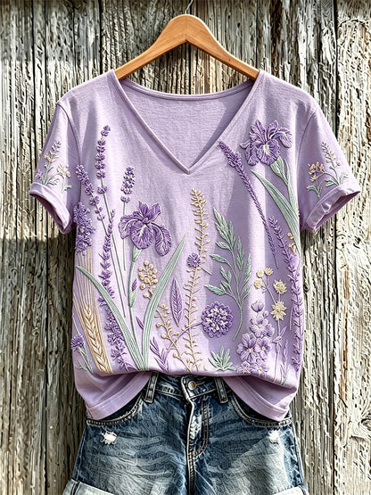 Padrão de flor roxa planta feminina impresso t-shirt casual