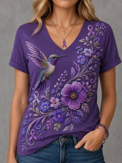 Floral roxo & colibri impressão consciência de Alzheimer apoio feminino V-Neck Tee