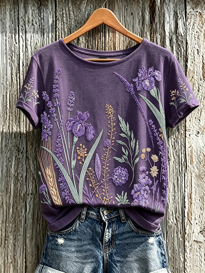 Padrão de flor roxa planta feminina impresso t-shirt casual