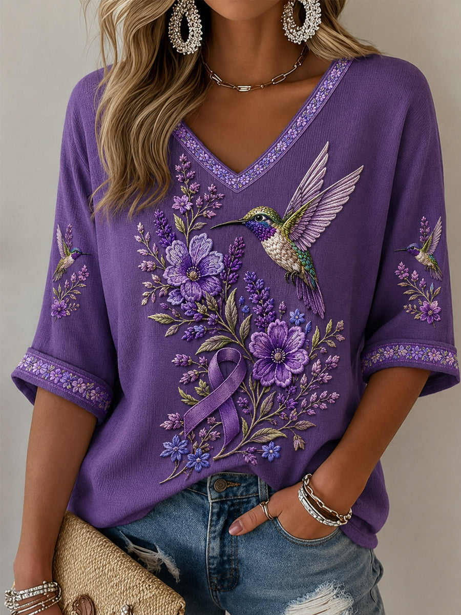 Floral roxo & colibri impressão consciência de Alzheimer apoio meia-mangas v-Neck t-shirt feminino