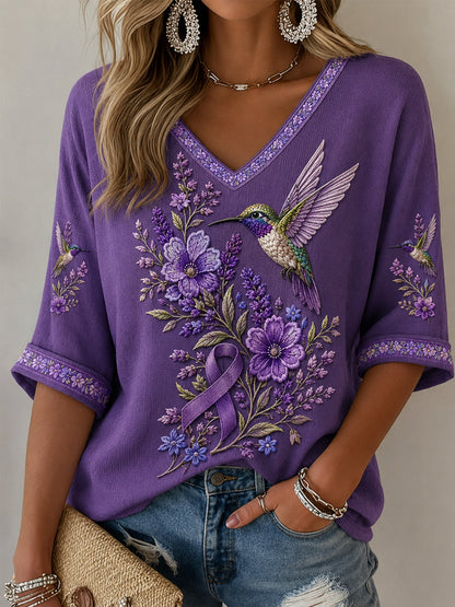Floral roxo & colibri impressão consciência de Alzheimer apoio meia-mangas v-Neck t-shirt feminino