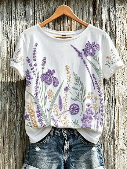 Padrão de flor roxa planta feminina impresso t-shirt casual