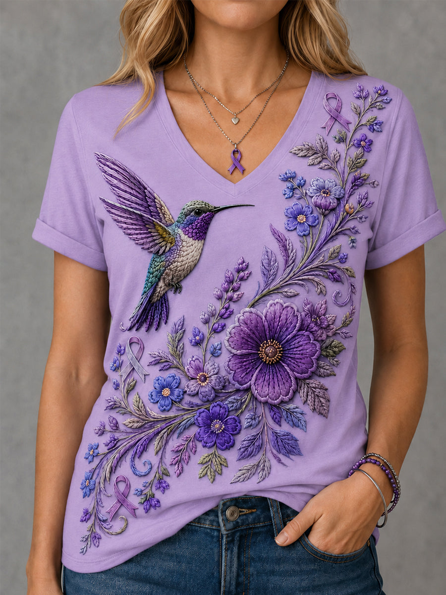 Floral roxo & colibri impressão consciência de Alzheimer apoio feminino V-Neck Tee