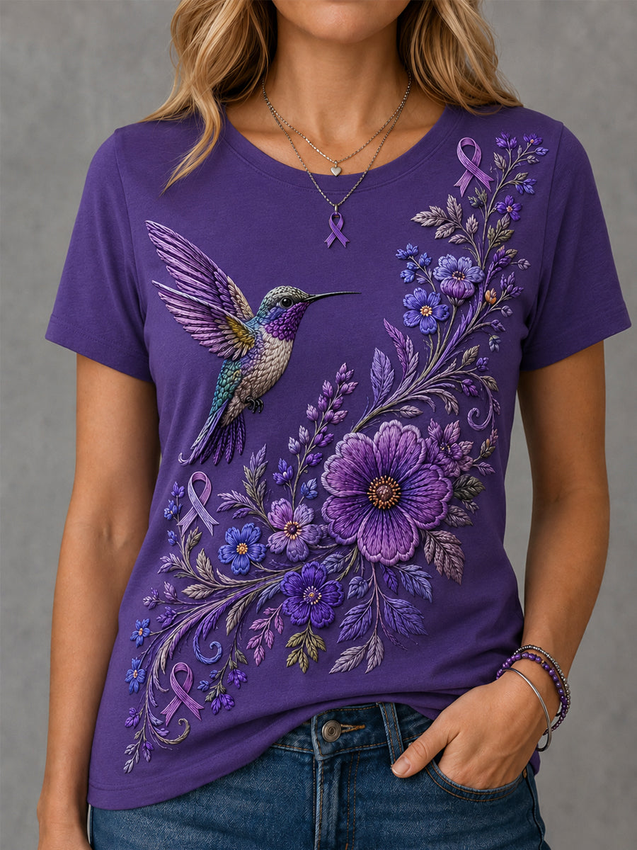 Floral roxo & colibri impressão Tee apoio da consciência de Alzheimer feminino