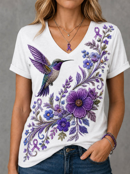 Floral roxo & colibri impressão consciência de Alzheimer apoio feminino V-Neck Tee