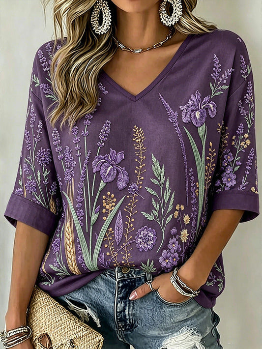 Padrão de planta roxa feminino impresso meados de comprimento mangas v-Neck t-shirt