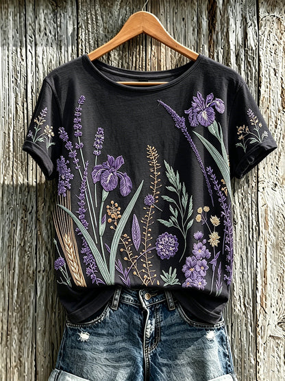 Padrão de flor roxa planta feminina impresso t-shirt casual