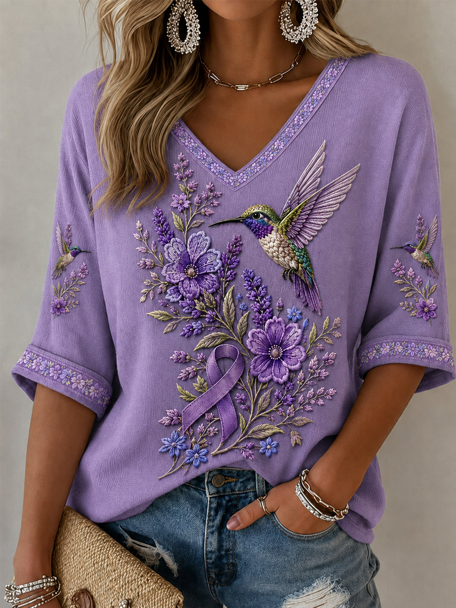 Floral roxo & colibri impressão consciência de Alzheimer apoio meia-mangas v-Neck t-shirt feminino
