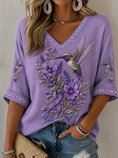 Floral roxo & colibri impressão consciência de Alzheimer apoio meia-mangas v-Neck t-shirt feminino