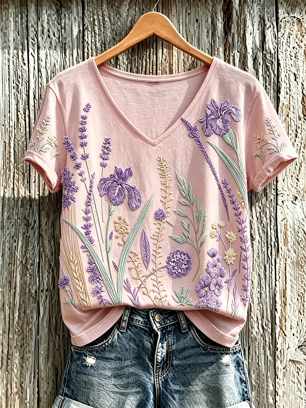 Padrão de flor roxa planta feminina impresso t-shirt casual