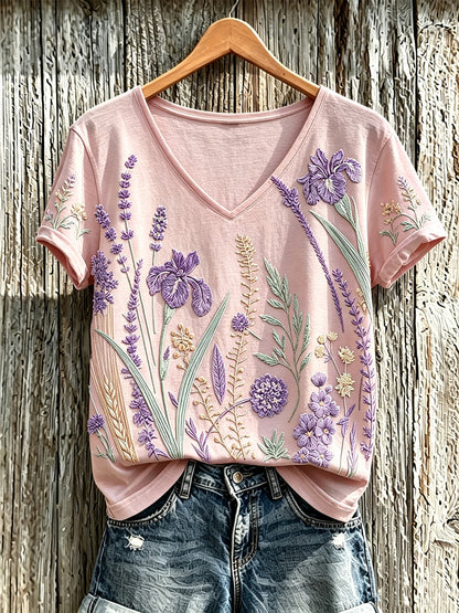 Padrão de flor roxa planta feminina impresso t-shirt casual