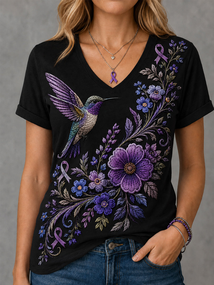 Floral roxo & colibri impressão consciência de Alzheimer apoio feminino V-Neck Tee