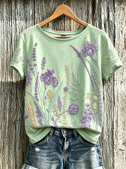 Padrão de flor roxa planta feminina impresso t-shirt casual