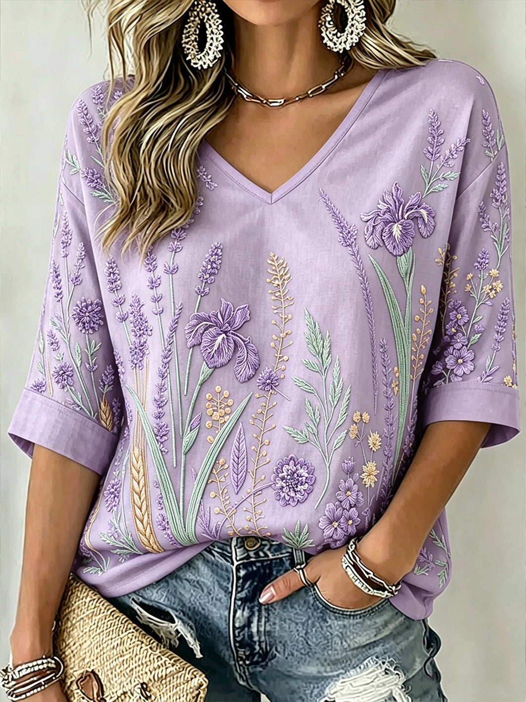 Padrão de planta roxa feminino impresso meados de comprimento mangas v-Neck t-shirt
