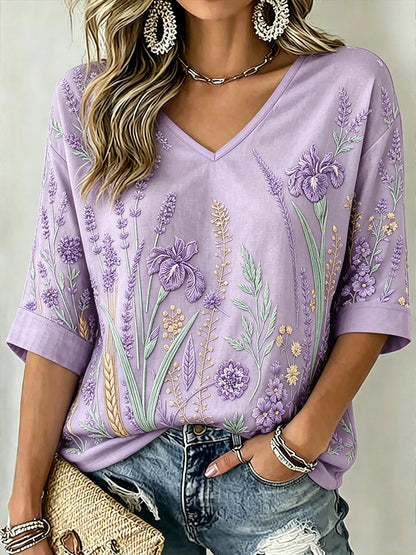 Padrão de planta roxa feminino impresso meados de comprimento mangas v-Neck t-shirt