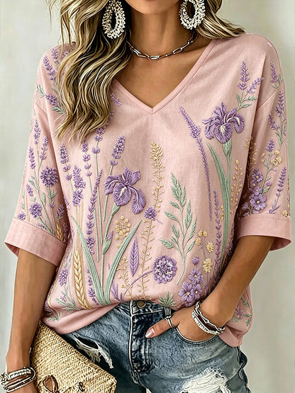 Padrão de planta roxa feminino impresso meados de comprimento mangas v-Neck t-shirt