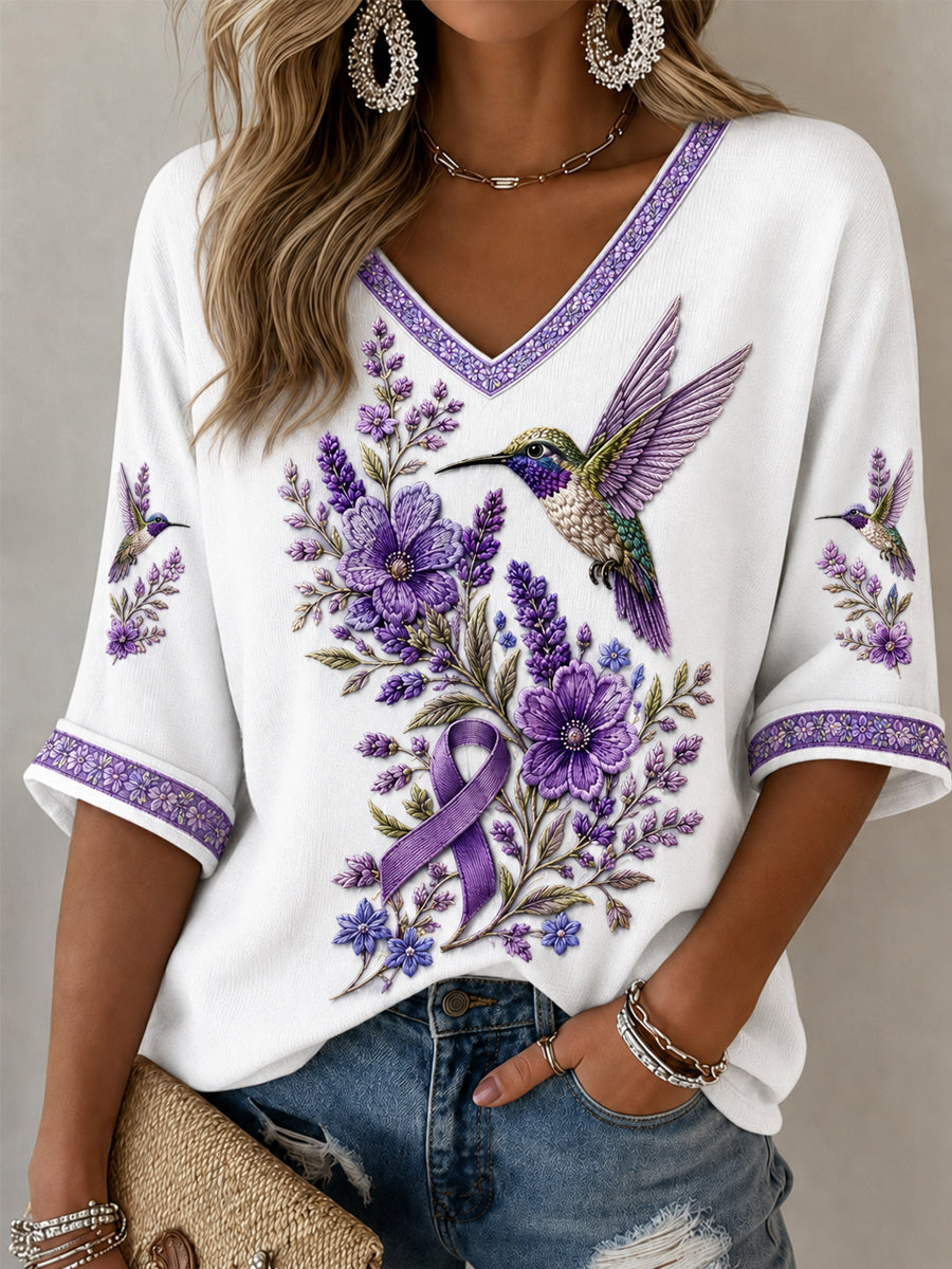Floral roxo & colibri impressão consciência de Alzheimer apoio meia-mangas v-Neck t-shirt feminino