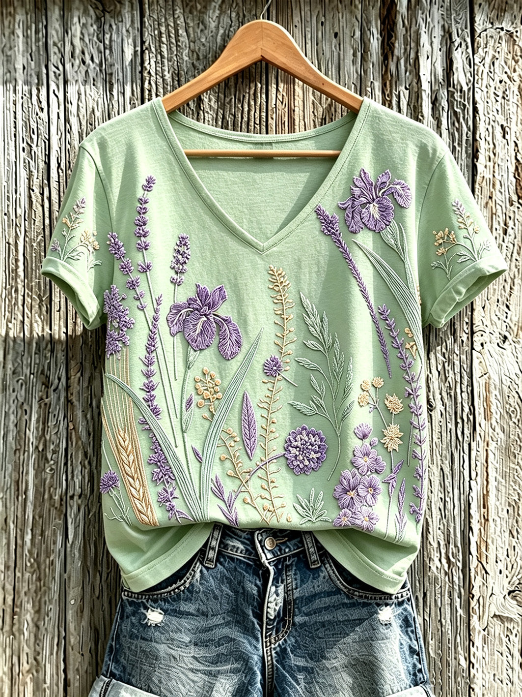 Padrão de flor roxa planta feminina impresso t-shirt casual
