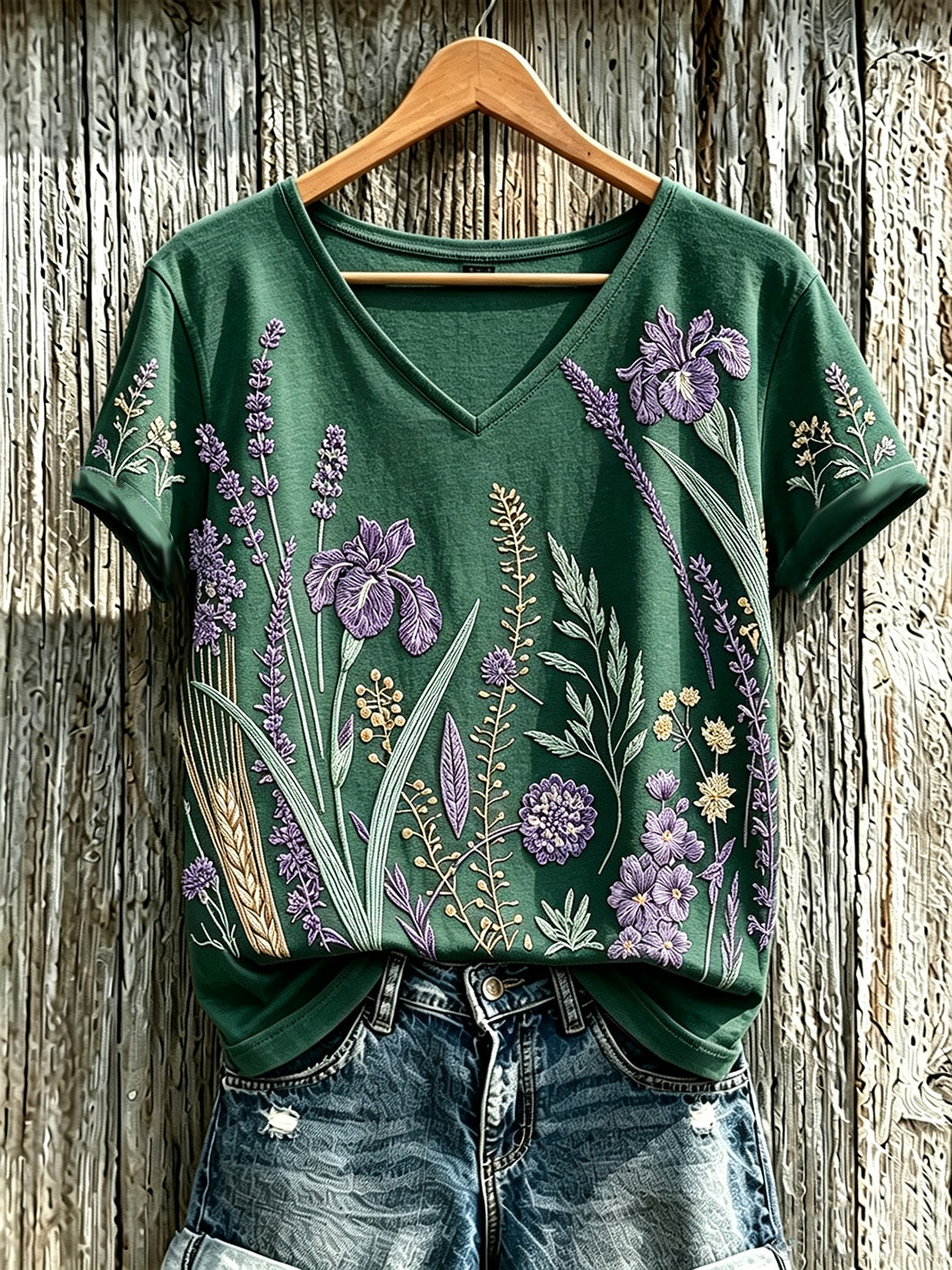 Padrão de flor roxa planta feminina impresso t-shirt casual