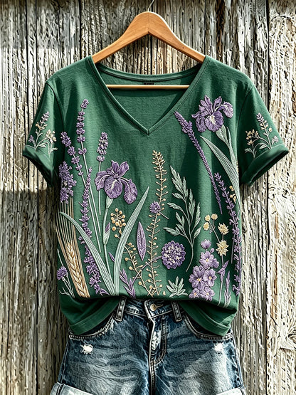 Padrão de flor roxa planta feminina impresso t-shirt casual