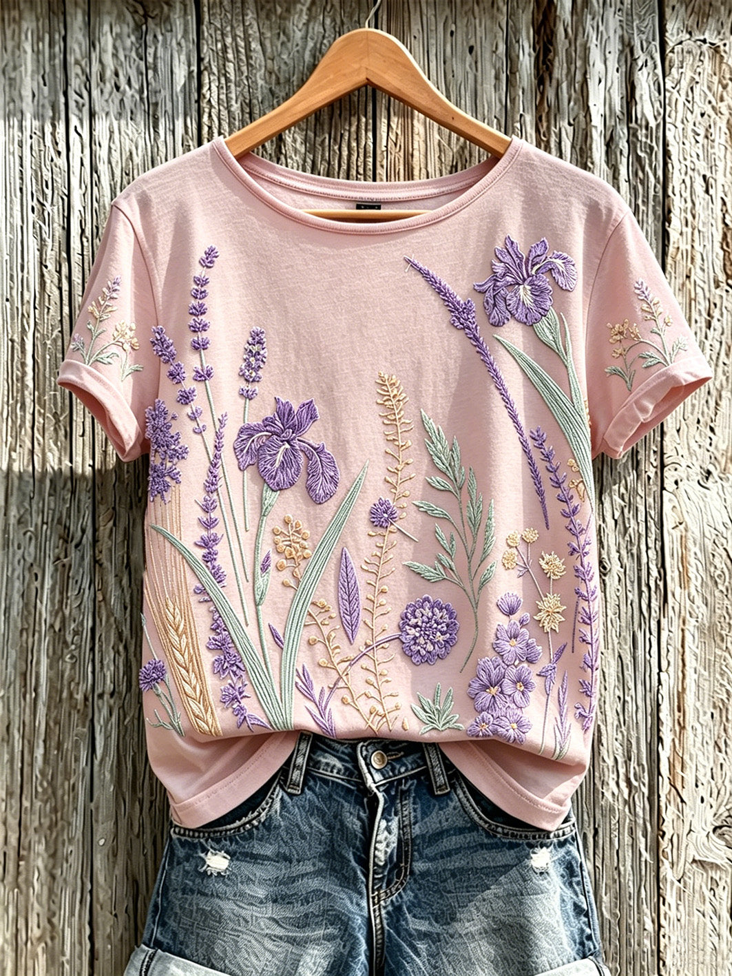Padrão de flor roxa planta feminina impresso t-shirt casual