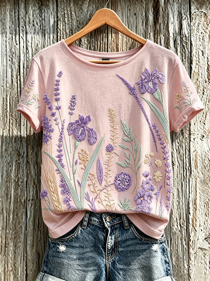 Padrão de flor roxa planta feminina impresso t-shirt casual
