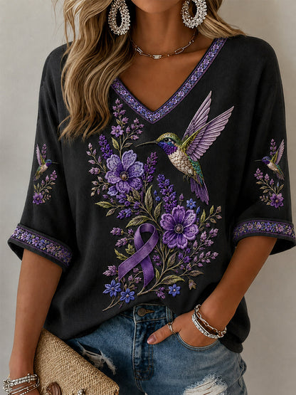 Floral roxo & colibri impressão consciência de Alzheimer apoio meia-mangas v-Neck t-shirt feminino