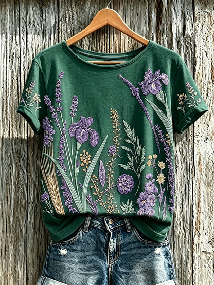 Padrão de flor roxa planta feminina impresso t-shirt casual