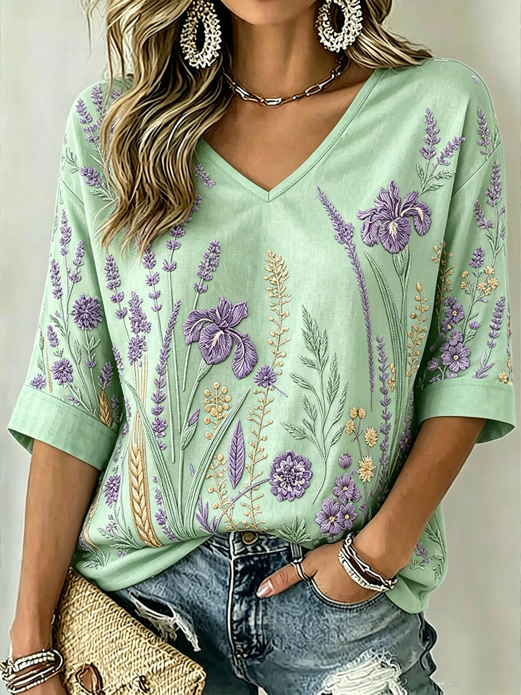 Padrão de planta roxa feminino impresso meados de comprimento mangas v-Neck t-shirt