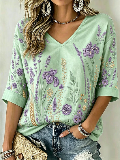 Padrão de planta roxa feminino impresso meados de comprimento mangas v-Neck t-shirt
