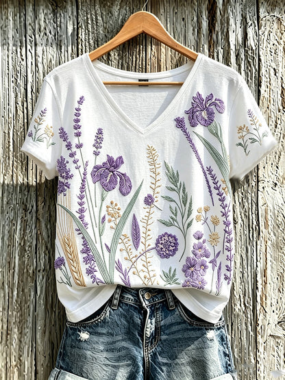 Padrão de flor roxa planta feminina impresso t-shirt casual