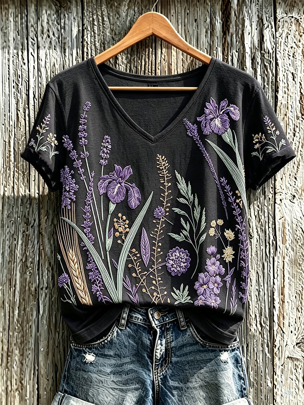 Padrão de flor roxa planta feminina impresso t-shirt casual