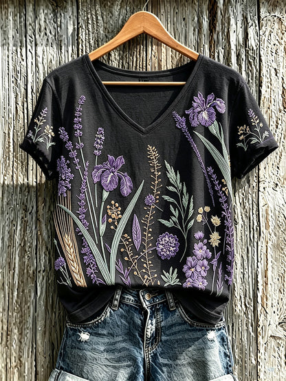 Padrão de flor roxa planta feminina impresso t-shirt casual