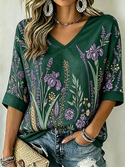 Padrão de planta roxa feminino impresso meados de comprimento mangas v-Neck t-shirt