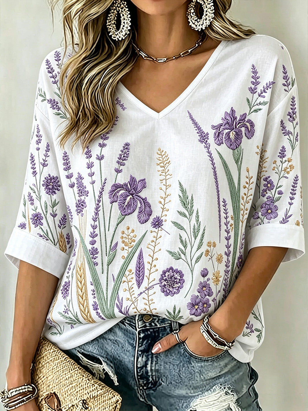 Padrão de planta roxa feminino impresso meados de comprimento mangas v-Neck t-shirt