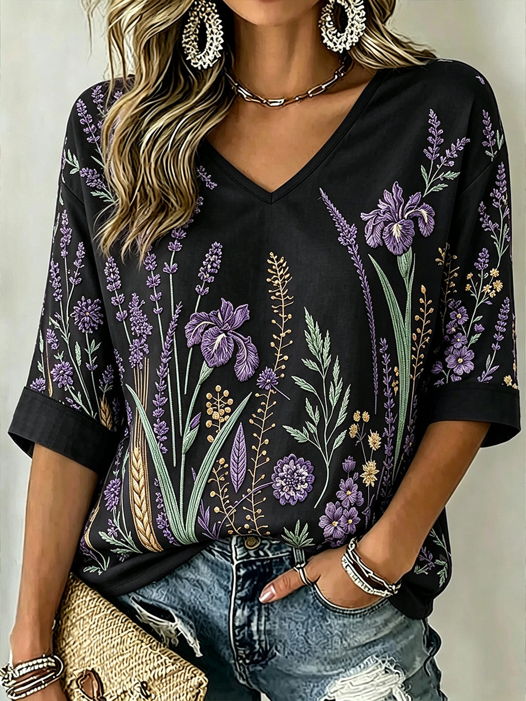 Padrão de planta roxa feminino impresso meados de comprimento mangas v-Neck t-shirt