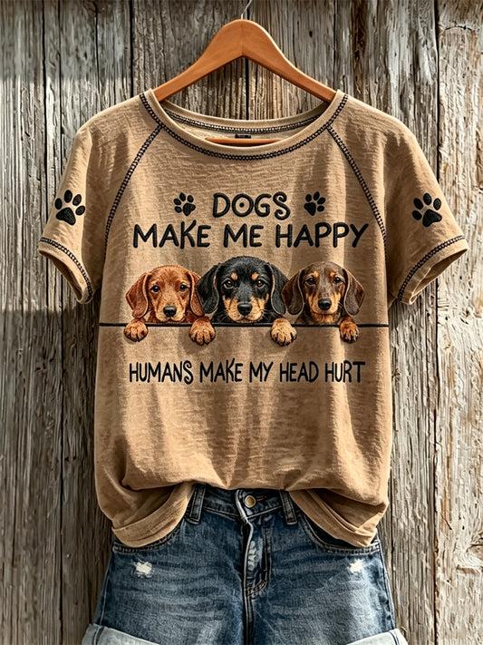 Women's Dogs Make Me Happy Humanos Make My Head Hurt Peeking Dachshunds Print T-shirt