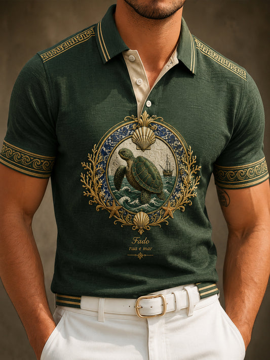 Polo com estampa artística de elemento cultural, estilo resort português para homens