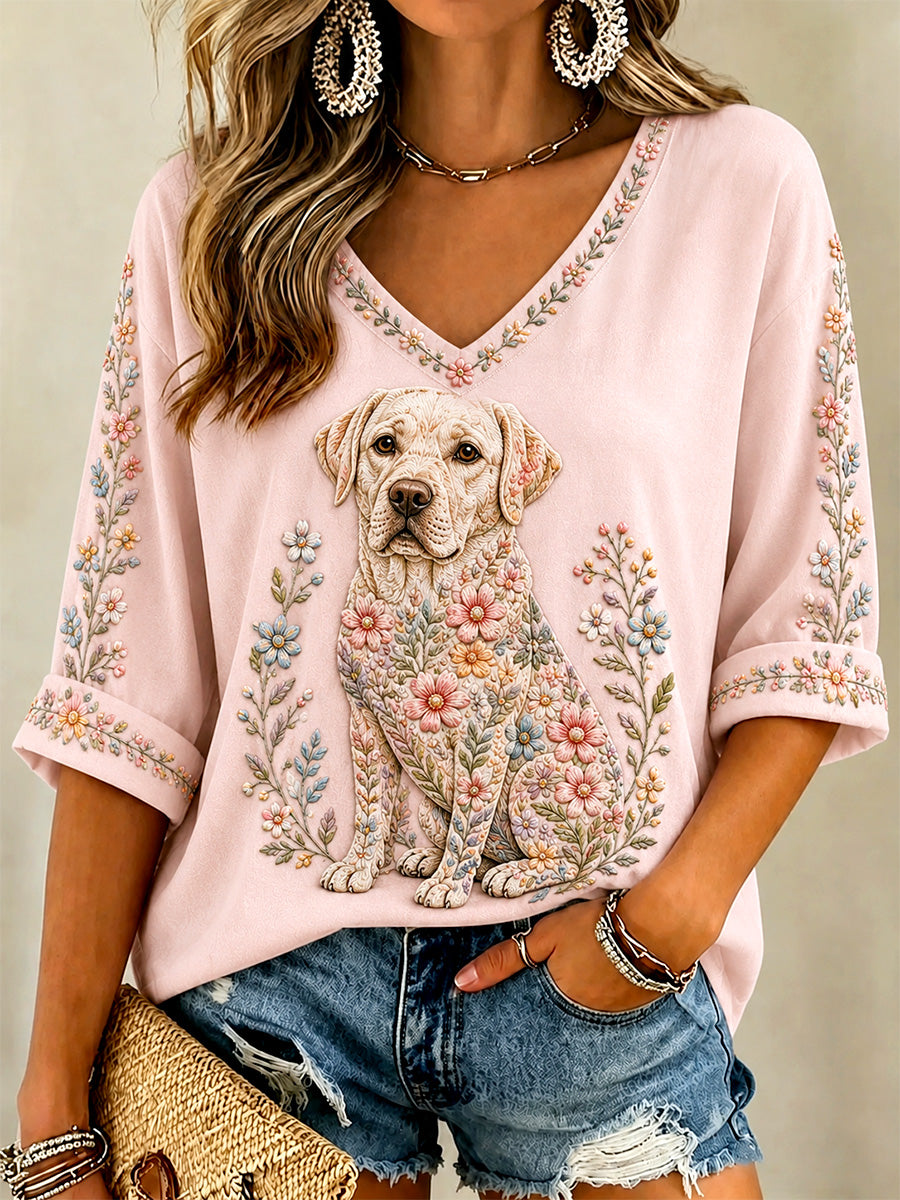 Cão Floral feminino Imprimir Casual V-Neck Tee