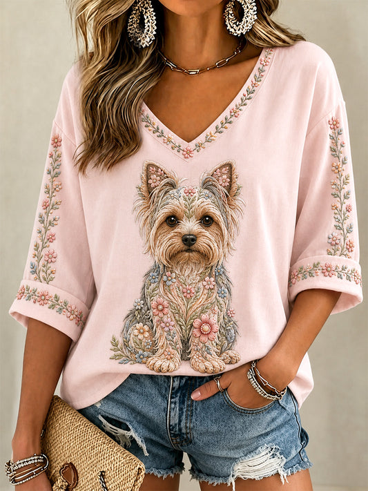 Cão Floral feminino Imprimir Casual V-Neck Tee