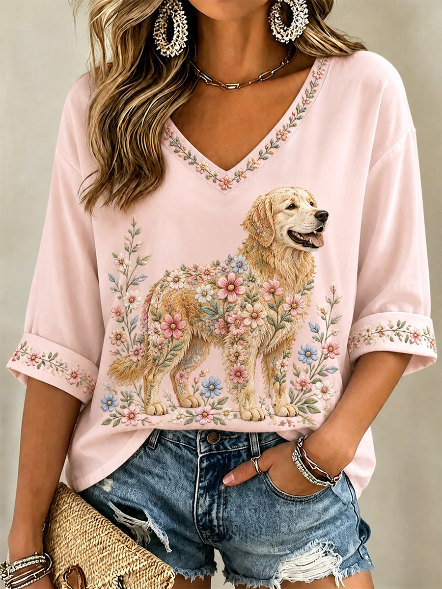 Camiseta casual com estampa floral de cães e decote em V para mulheres