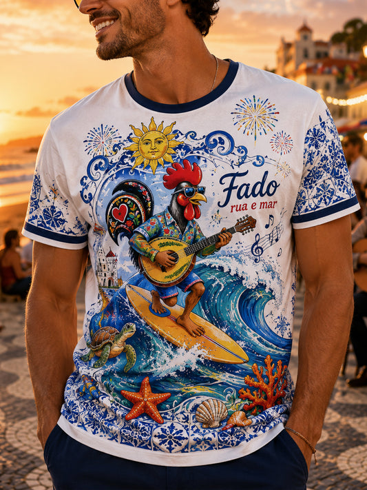 Camiseta com estampa artística de estilo português para resorts, com elementos culturais, masculina