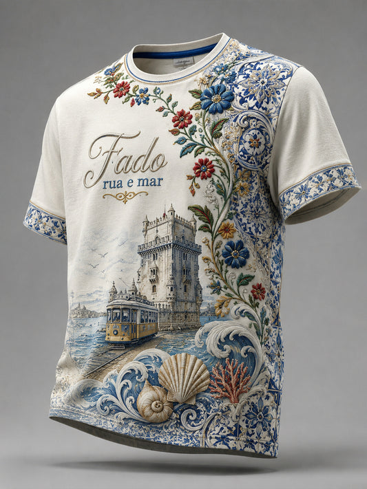Camiseta com estampa artística de estilo português para resorts, com elementos culturais, masculina