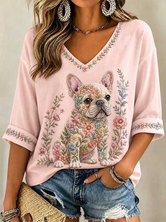 Camiseta casual com estampa floral de cães e decote em V para mulheres