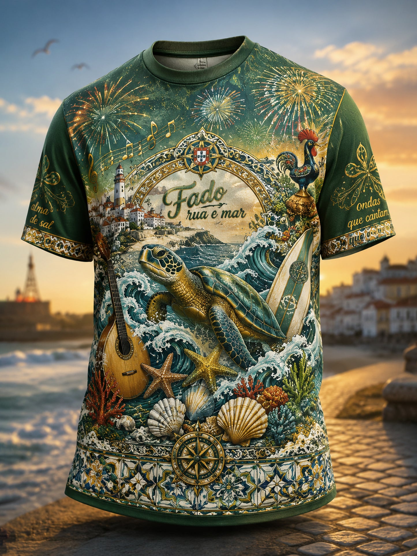 Camiseta com estampa artística de estilo português para resorts, com elementos culturais, masculina
